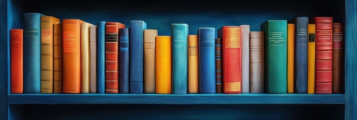 Vibrant minimalist bookshelf design featuring an array of colorful books in a sleek flat aesthetic, ideal for modern decor.