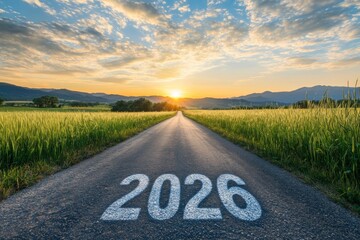 A road to the future, a straight, empty asphalt or tarmac highway with the text "2026" and a beautiful landscape at sunrise.