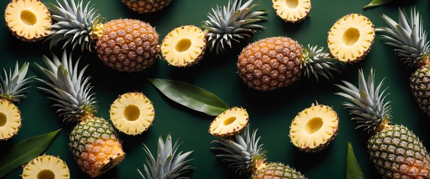 Pineapple fruits with cron on dark green. Food background. Top view