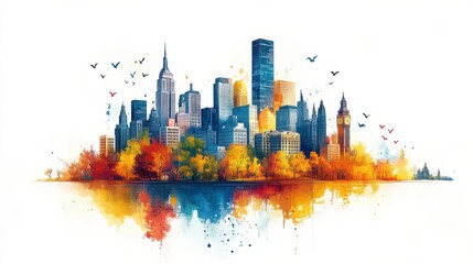 Fototapeta premium Vibrant Autumn Cityscape with Skyscrapers, Reflections, and Birds in a Watercolor Style Depicting a Dynamic Urban Environment