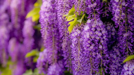 Close-up of vibrant purple wisteria blooms with layered petals and bright green leaves, softly blurred background enhances the delicate beauty and serene elegance of the flowers. 
