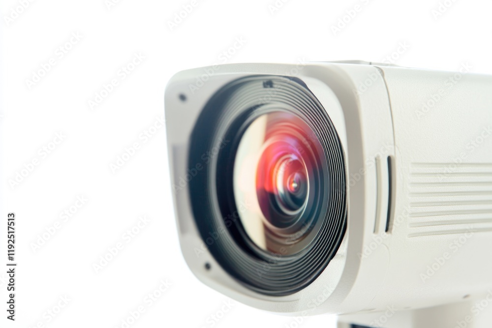 Poster a close-up shot of a camera lens on a white background, ideal for use in product photography or tech