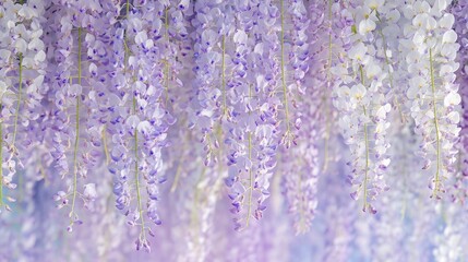 Close-up of blooming wisteria flowers in soft purple and white, delicately cascading from a string against a blurred background. 