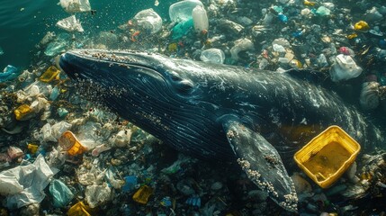 A whale entangled in plastic waste, highlighting the devastating impact of ocean pollution on marine life.  A powerful image evoking concern for environmental conservation.