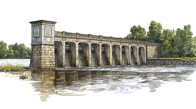 Watercolor Illustration of a Historic Stone Dam with Water Flowing Through Multiple Archways.