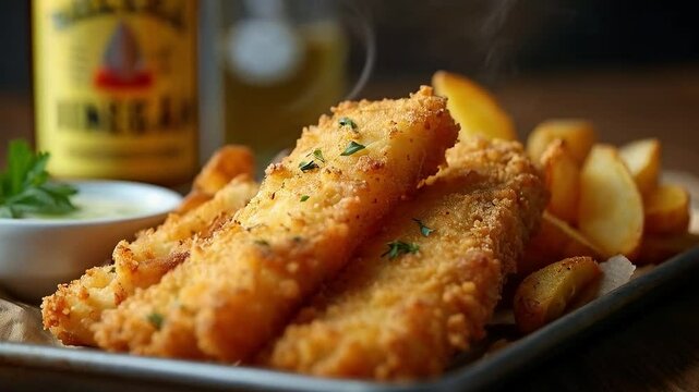 Fish and chips crujiente con papas doradas y salsa