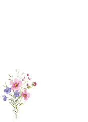 Floral background, greeting card with place for text, with flowers and leaves, hand drawing. Birthday, wedding, bridal invitation.