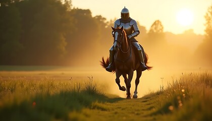 A medieval knight in plate armor is riding a horse in a field viewed against sunlight