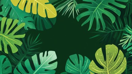 Naklejka premium Seamless tropical leaf pattern in green and yellow on dark background, creating a vibrant jungle-inspired design