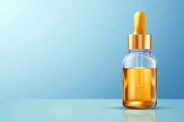 Fototapeta premium Transparent amber serum bottle with dropper on reflective surface and light blue background