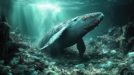 Obraz premium A whale swims amidst a vast expanse of ocean plastic pollution, a powerful image depicting environmental damage and the plight of marine life.