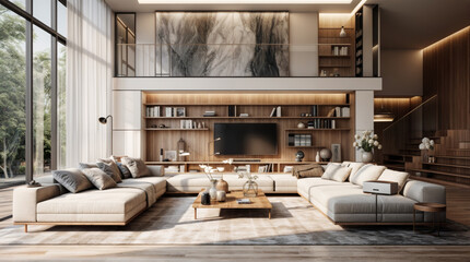 Very Large Living room with refined modern style with light wood and light sepia colors and a nature view