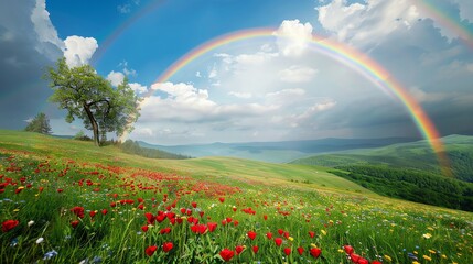 Naklejka premium A double rainbow arches over a field of wildflowers.