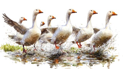 Obraz premium A flock of geese running across a lake, splashing water, depicted in a watercolor style.