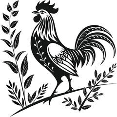 Folk Art Style Rooster Silhouette with Floral Motifs and Decorative Leaves