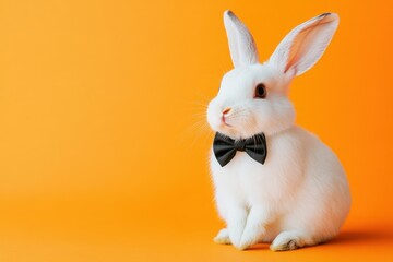 Obraz premium Adorable white bunny rabbit wearing a black bow tie against a vibrant orange background. Perfect for Easter, celebrations, or pet-related projects.