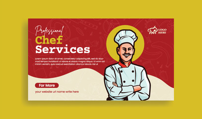 online chef cooking class horizontal banner and culinary training center web banner template with chef flat illustration, restaurant food banner design