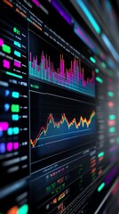 Obraz premium A vibrant stock market holographic screen with glowing retro charts, pixel art indicators, and neon-highlighted trends