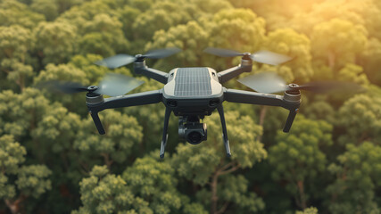 Drone Soaring Above the Trees: A sleek black drone hovers effortlessly above a dense forest, capturing breathtaking aerial views with its high-resolution camera.