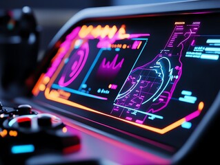 A vintage-inspired space rover interface, featuring old-school analog joysticks, holographic terrain maps, and blinking neon panels