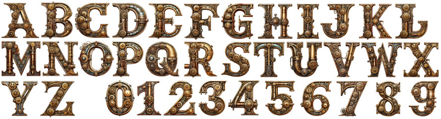 Isolated Letters A to Z and Figures 0 to 9 in Steampunk style mainly metal brown copper and wood with many gears and lots of details