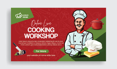 Restaurant chef job hiring horizontal web banner and cooking social media thumbnail template design with chef vector illustration