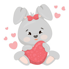 Vector romantic poster with adorable bunny holding heart with pink bow. Cute Valentine s day greeting card. Funny characters