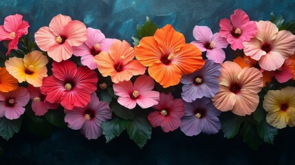 Colorful hibiscus flowers arranged in a stunning horizontal pattern
