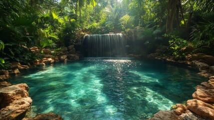 Hidden tropical cove with azure waters surrounded by lush vegetation during sunny midday