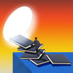 Businessman climbing stack of books leading to glowing portal, symbolizing education as a pathway...