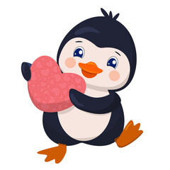 Vector romantic poster with cute penguin holding heart. Cute Valentine s day greeting card. Funny characters