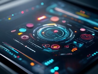 Fototapeta premium AIpowered interface with floating 3D icons, futuristic interface design, interactive virtual workspace