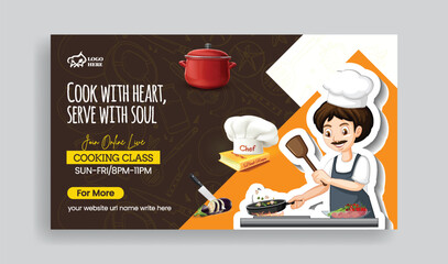 cooking class and Restaurant food horizontal web banner editable template, food blog thumbnail or cover with chef illustration