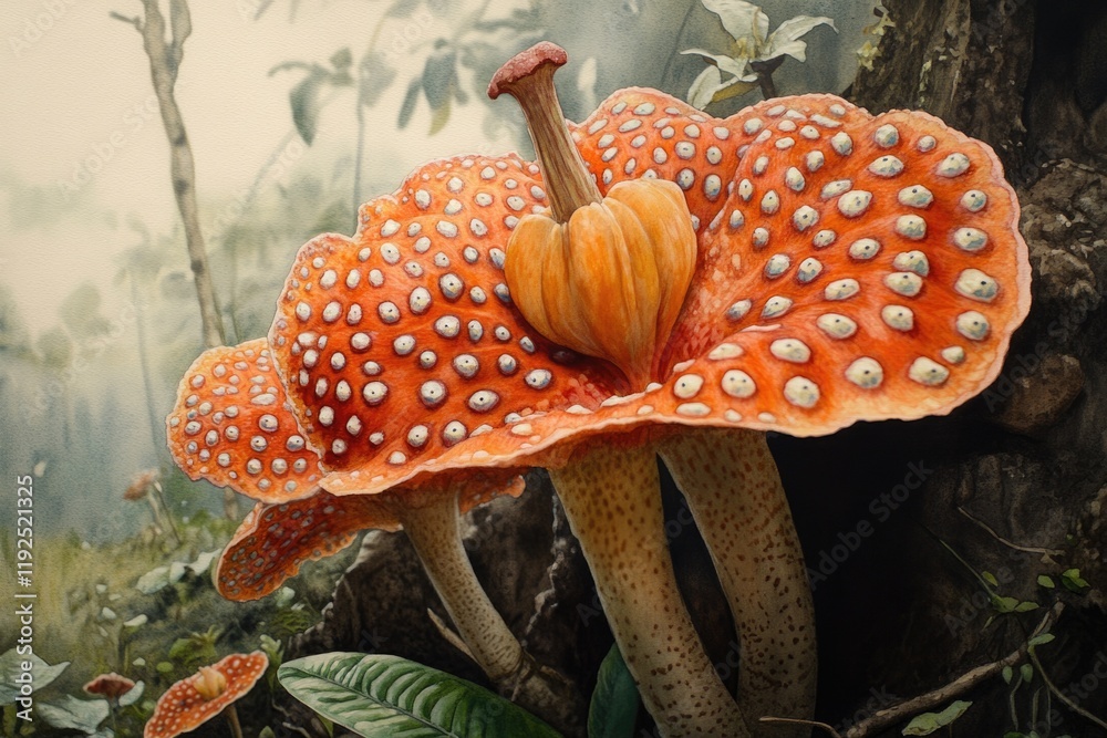 Poster a close-up shot of a mushroom growing on a tree trunk