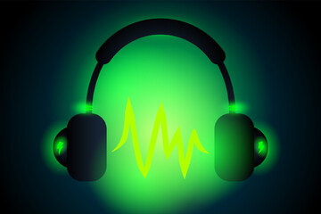 Wireless headphones with green backlight on a dark background. Listen to music on headphones. Modern illustration.