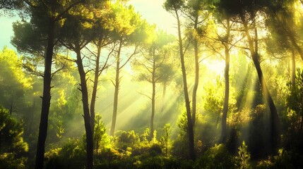 Obraz premium Sunlit Forest Scene Golden Rays Illuminate Trees