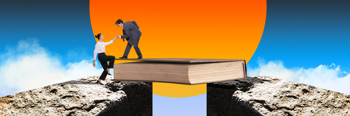 Man helping woman cross gap using book as bridge, symbolizing teamwork, education, and overcoming...