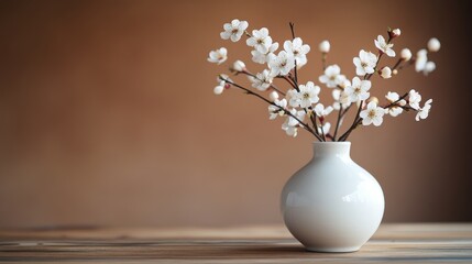Beautiful white flowers in a simple vase on a wooden table in a cozy interior