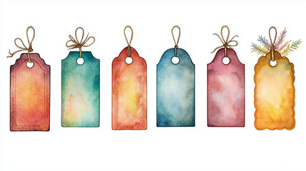 set of tags on white background, set of price tags and labels, set of festive tags, empty labels, watercolor 