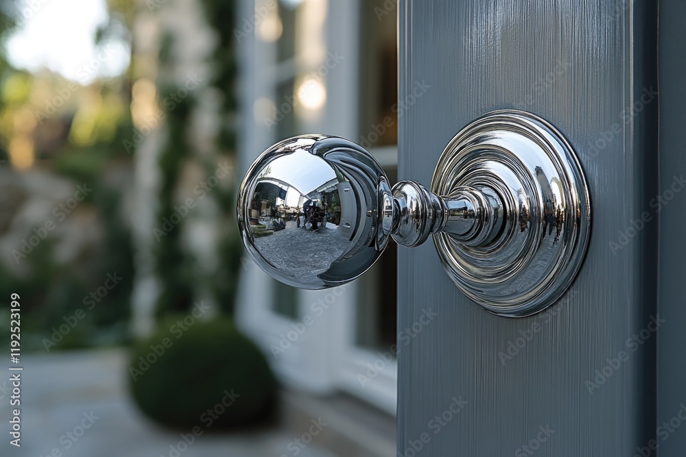Poster a close-up view of a door handle on a door, suitable for use in a variety of settings including real
