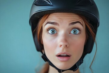 Surprised young woman wearing a helmet with bright blue eyes looking directly at the camera indoors