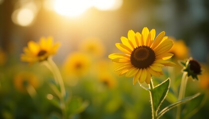 Obraz premium Beautiful flowers in a meadow against sunlight with bokeh background