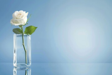 Fototapeta premium Single white rose in glass vase on reflective surface against light blue background
