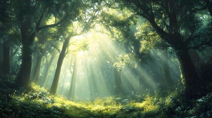 Sunbeams Illuminate Lush Green Forest Canopy