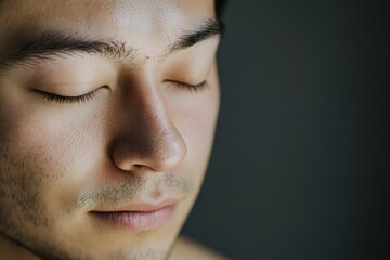 A close-up shot of a person's face with their eyes shut