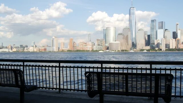 New York City waterfront skyline, Manhattan Downtown Financial district, World Trade Center building, riverfront skyscrapers. From Paulus Hook, New Jersey. United States architecture. Hudson river.