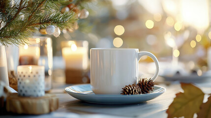 Fototapeta premium cozy autumn dinner setting featuring white cup, pinecones, and candles, creating warm atmosphere
