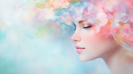 A soft, dreamy background features pastel-colored flowers blending into a serene blue and pink haze, creating a tranquil atmosphere.
