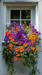 Vibrant floral display cascading from a bright window box in springtime