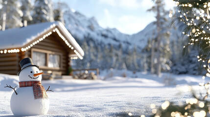 Naklejka premium Cozy cartoon cabin with snowman in winter landscape, evoking joy